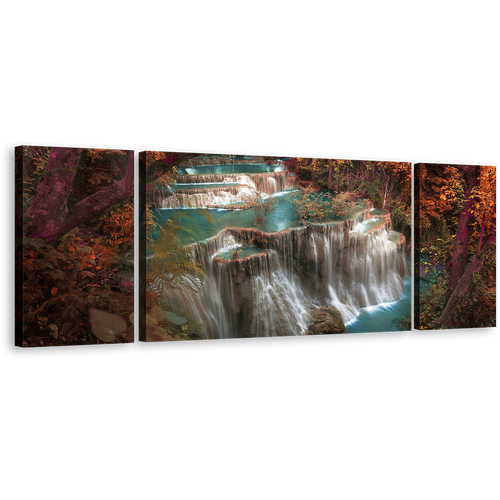 Kanchanaburi Waterfall Canvas Wall Art, Thailand Huay Mae Khamin Waterfall Canvas Set, Beautiful Colorful Waterfall Scenery 3 Piece Canvas Print