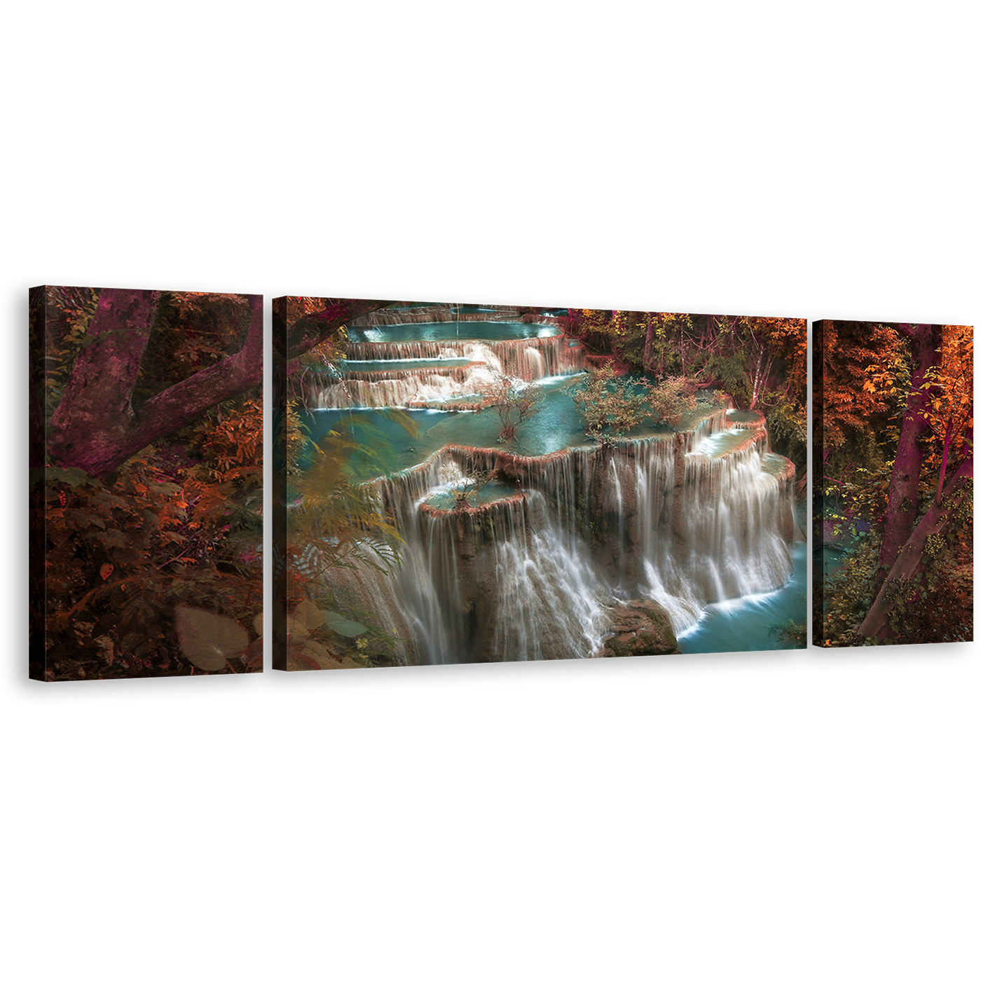 Kanchanaburi Waterfall Canvas Wall Art, Thailand Huay Mae Khamin Waterfall Canvas Set, Beautiful Colorful Waterfall Scenery 3 Piece Canvas Print