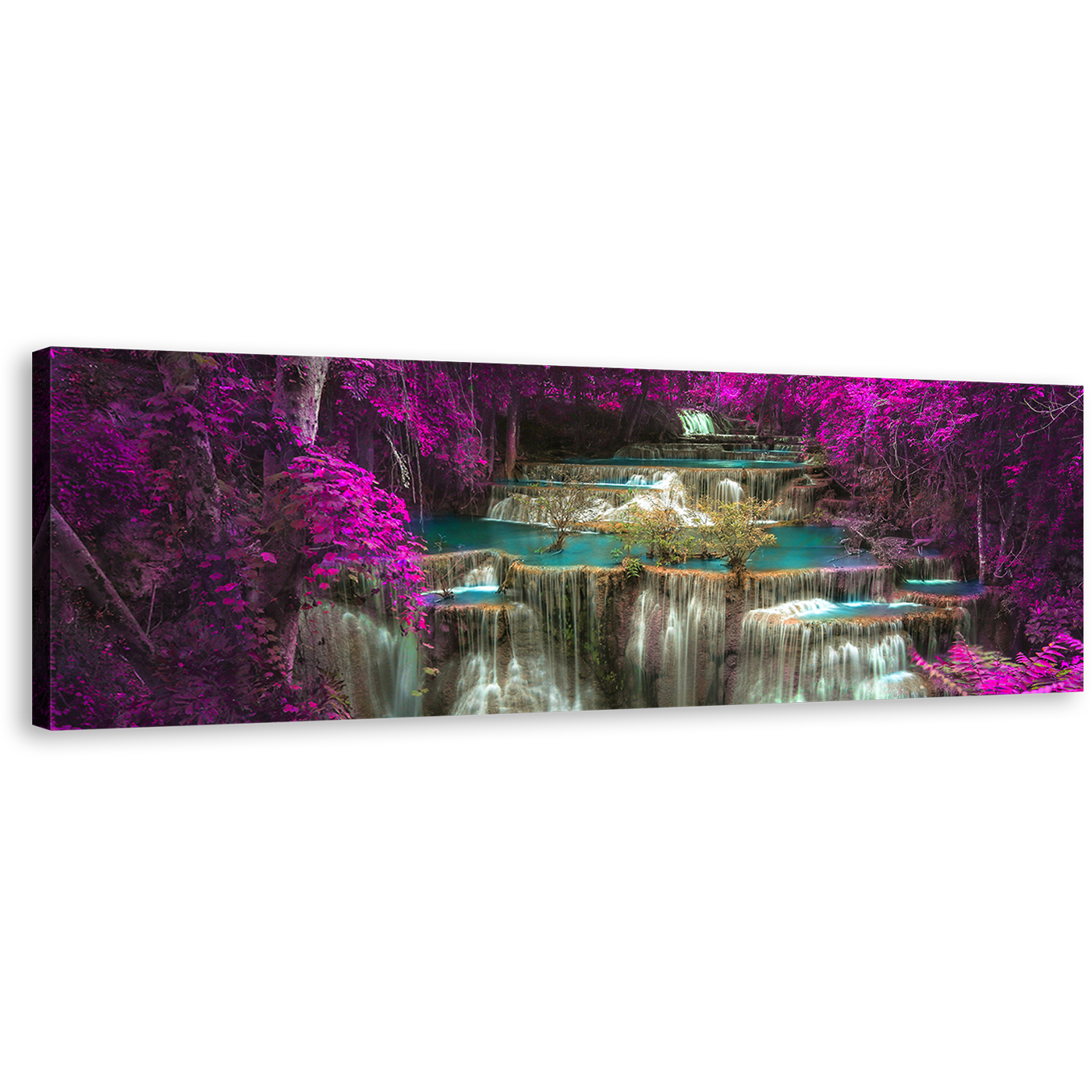 Kanchanaburi Waterfall Wall Art, Purple Huay Mae Khamin Panoramic Canvas Art, Beautiful White Thailand Forest Canvas Print