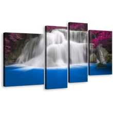 Load image into Gallery viewer, Kanchanaburi Waterfall Wall Art, Thailand Purple Trees 4 Piece Multi Canvas, Huay Mae Khamin Blue Water Canvas Print
