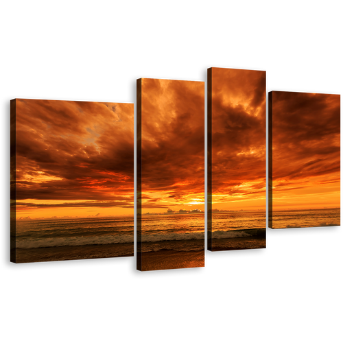 Karon Beach Canvas Wall Art, Phuket Ocean 4 Piece Canvas Print, Thailand Orange Yellow Cloudy Ocean Multi Canvas Artwork