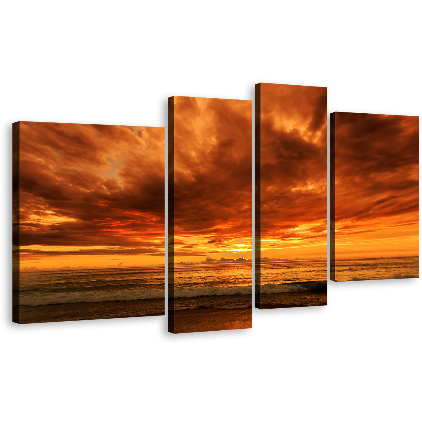 Karon Beach Canvas Wall Art, Phuket Ocean 4 Piece Canvas Print, Thailand Orange Yellow Cloudy Ocean Multi Canvas Artwork