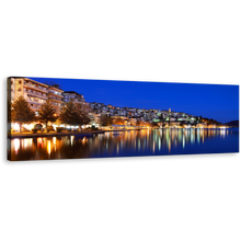 Load image into Gallery viewer, Kastoria City Canvas Wall Art, Yellow Houses City Reflection Sea Wall Art, Greece Blue Sky Cityscape 1 Piece Canvas Art
