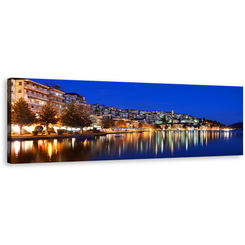 Kastoria City Canvas Wall Art, Yellow Houses City Reflection Sea Wall Art, Greece Blue Sky Cityscape 1 Piece Canvas Art