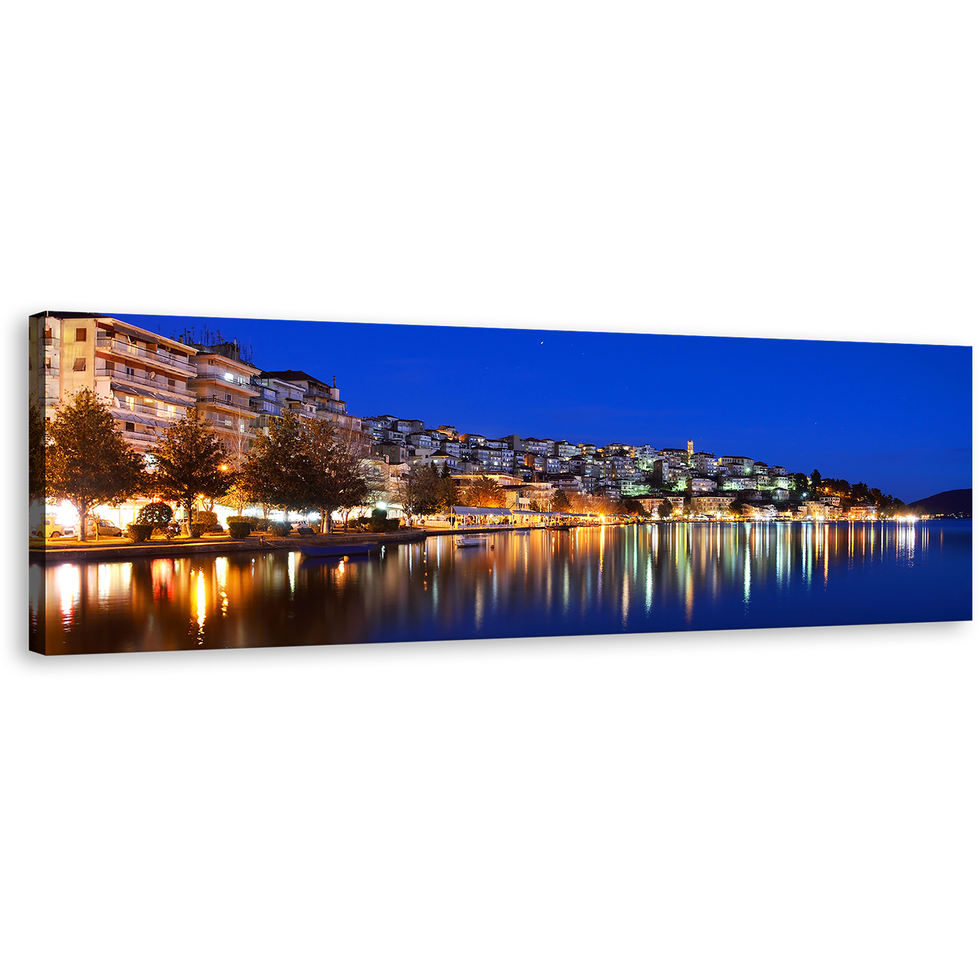 Kastoria City Canvas Wall Art, Yellow Houses City Reflection Sea Wall Art, Greece Blue Sky Cityscape 1 Piece Canvas Art