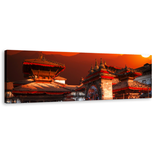 Kathmandu Valley Canvas Wall Art, Nepal City Red Skyline Panoramic Canvas Print, Orange Sky Patan Durbar Square 1 Piece Canvas