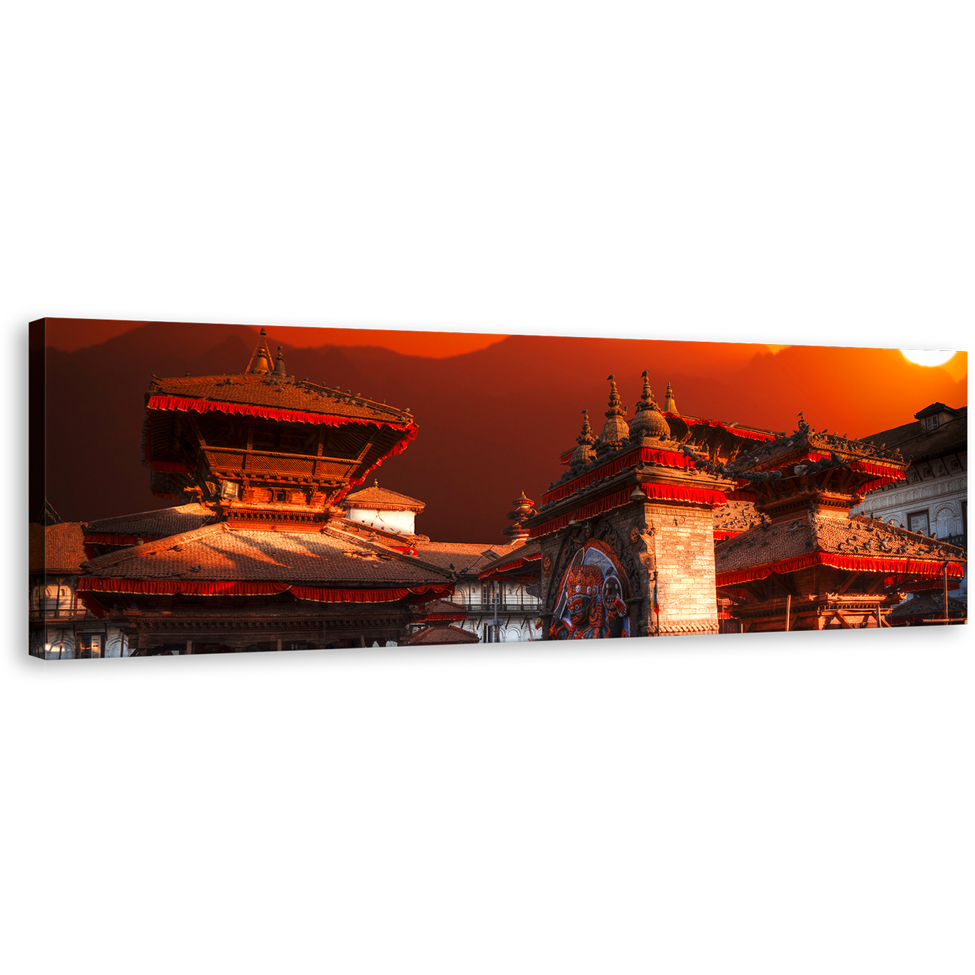 Kathmandu Valley Canvas Wall Art, Nepal City Red Skyline Panoramic Canvas Print, Orange Sky Patan Durbar Square 1 Piece Canvas