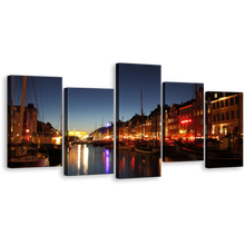 Load image into Gallery viewer, Kayak Houses Canvas Wall Art, Orange Nyhavn Harbor Kayak Houses Canvas Set, Blue Sky Copenhagen Canal 5 Piece Canvas Print
