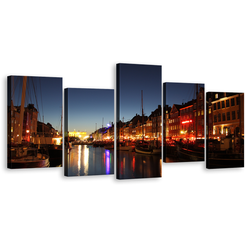 Kayak Houses Canvas Wall Art, Orange Nyhavn Harbor Kayak Houses Canvas Set, Blue Sky Copenhagen Canal 5 Piece Canvas Print