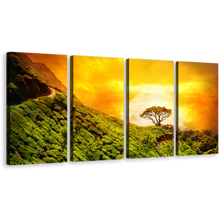 Load image into Gallery viewer, Kerala Landscape Canvas Wall Art, Green Alone Tree 4 Piece Multi Canvas, Yellow Sky Kerala Alone Tree Canvas Print
