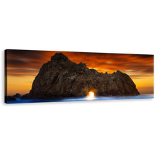 Load image into Gallery viewer, Keyhole Rock Canvas Print, Yellow Sunlight Shining Through Rock Panoramic Canvas, Orange Ocean Rocks Sunset Wide Canvas, Burns State Park Canvas Wall Art
