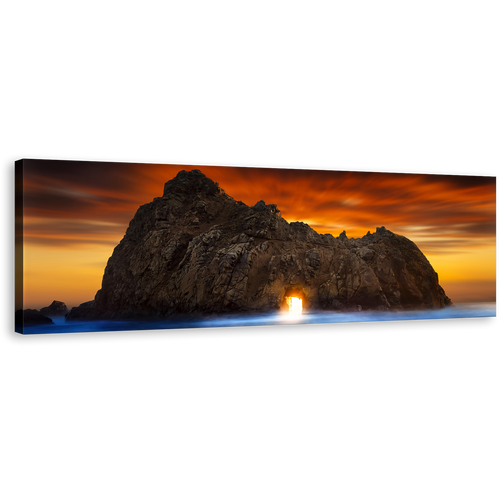 Keyhole Rock Canvas Print, Yellow Sunlight Shining Through Rock Panoramic Canvas, Orange Ocean Rocks Sunset Wide Canvas, Burns State Park Canvas Wall Art