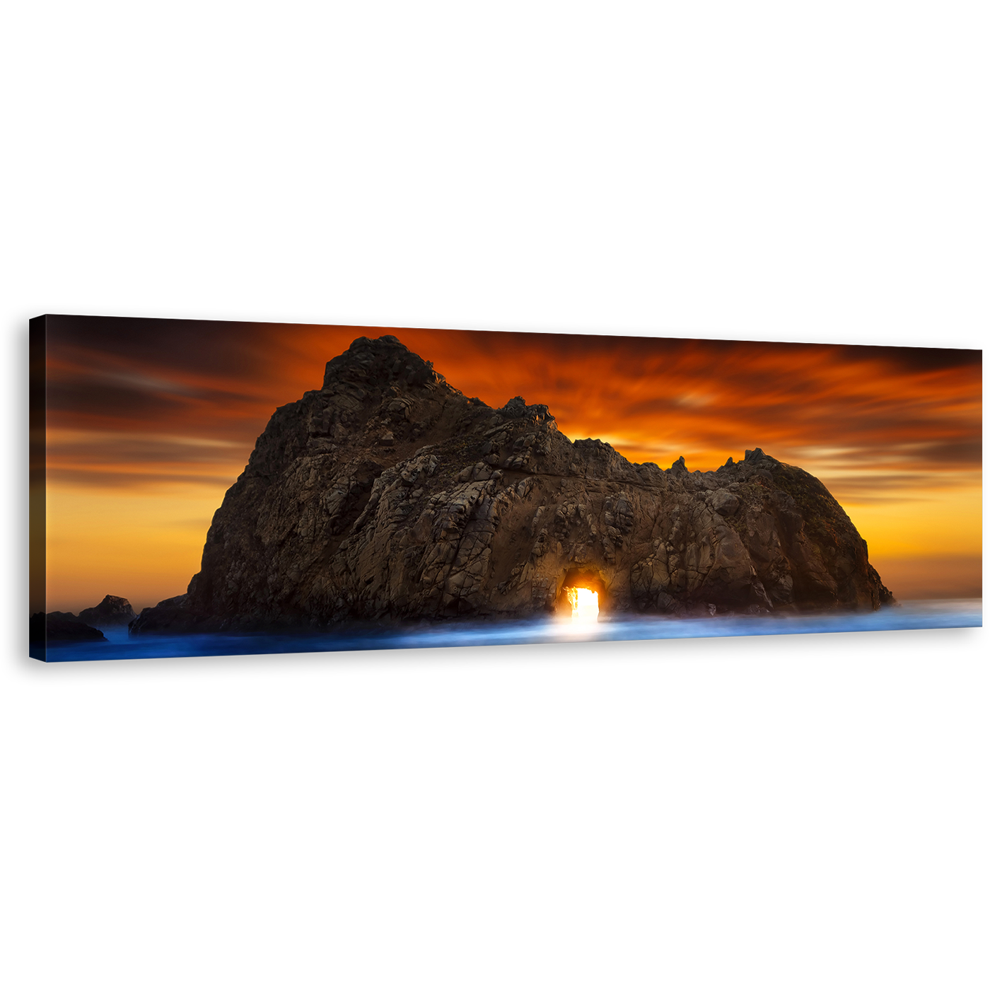 Keyhole Rock Canvas Print, Yellow Sunlight Shining Through Rock Panoramic Canvas, Orange Ocean Rocks Sunset Wide Canvas, Burns State Park Canvas Wall Art