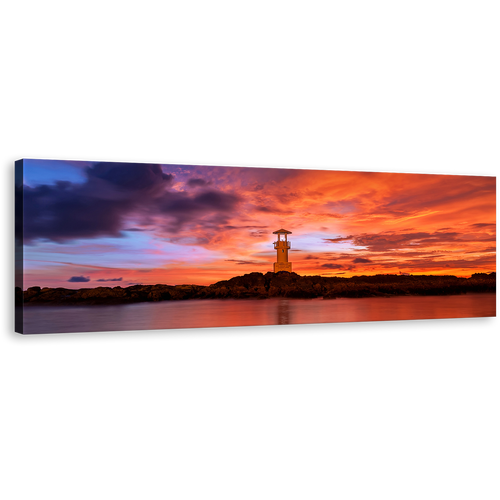 Khao Lak Wall Art, Orange Sunset Lighthouse Panoramic Canvas Print, Light Beacon Near Red Lake 1 Piece Canvas Art