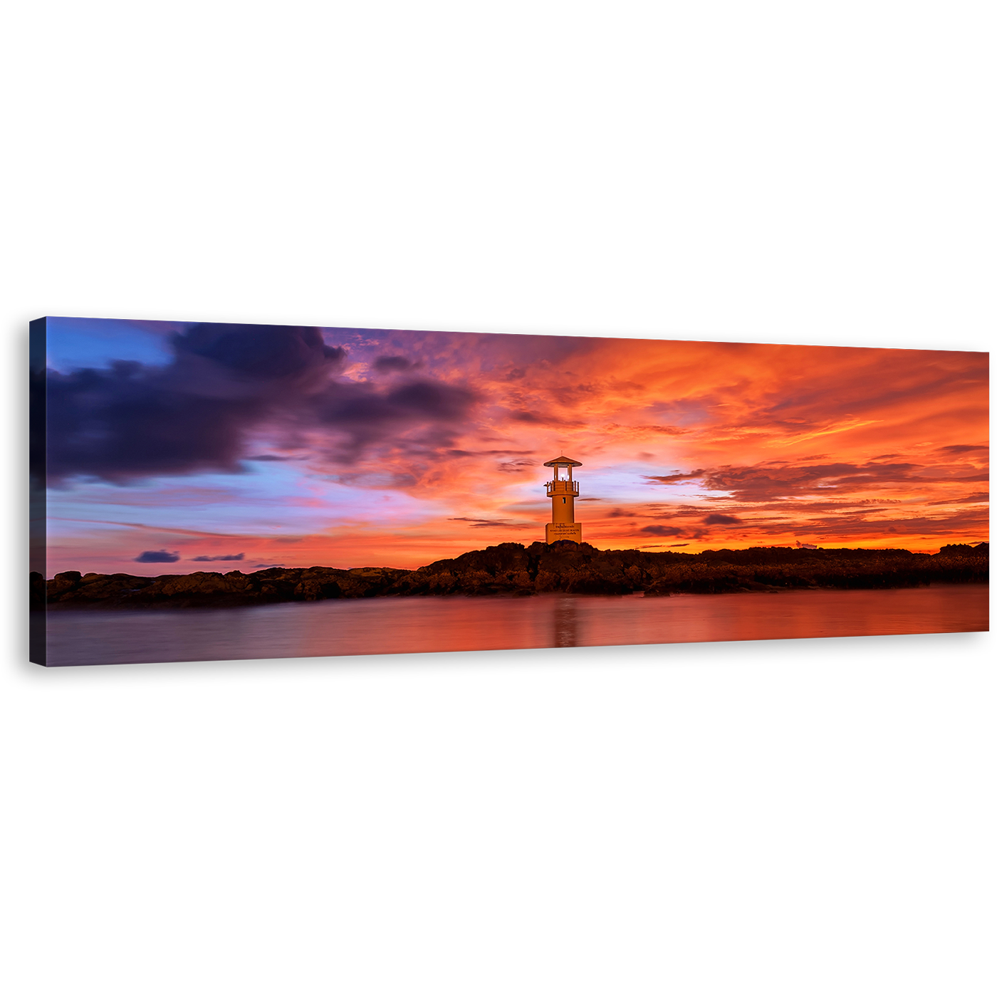 Khao Lak Wall Art, Orange Sunset Lighthouse Panoramic Canvas Print, Light Beacon Near Red Lake 1 Piece Canvas Art