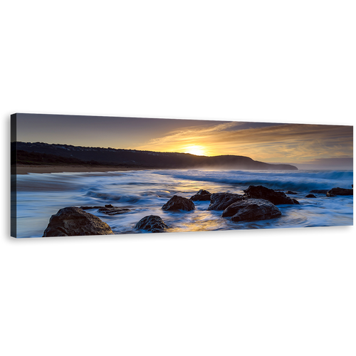 Killcare Beach Canvas Print, Yellow Sunset Ocean Rocks Canvas Artwork, Australia Blue Ocean 1 Piece Canvas Wall Art