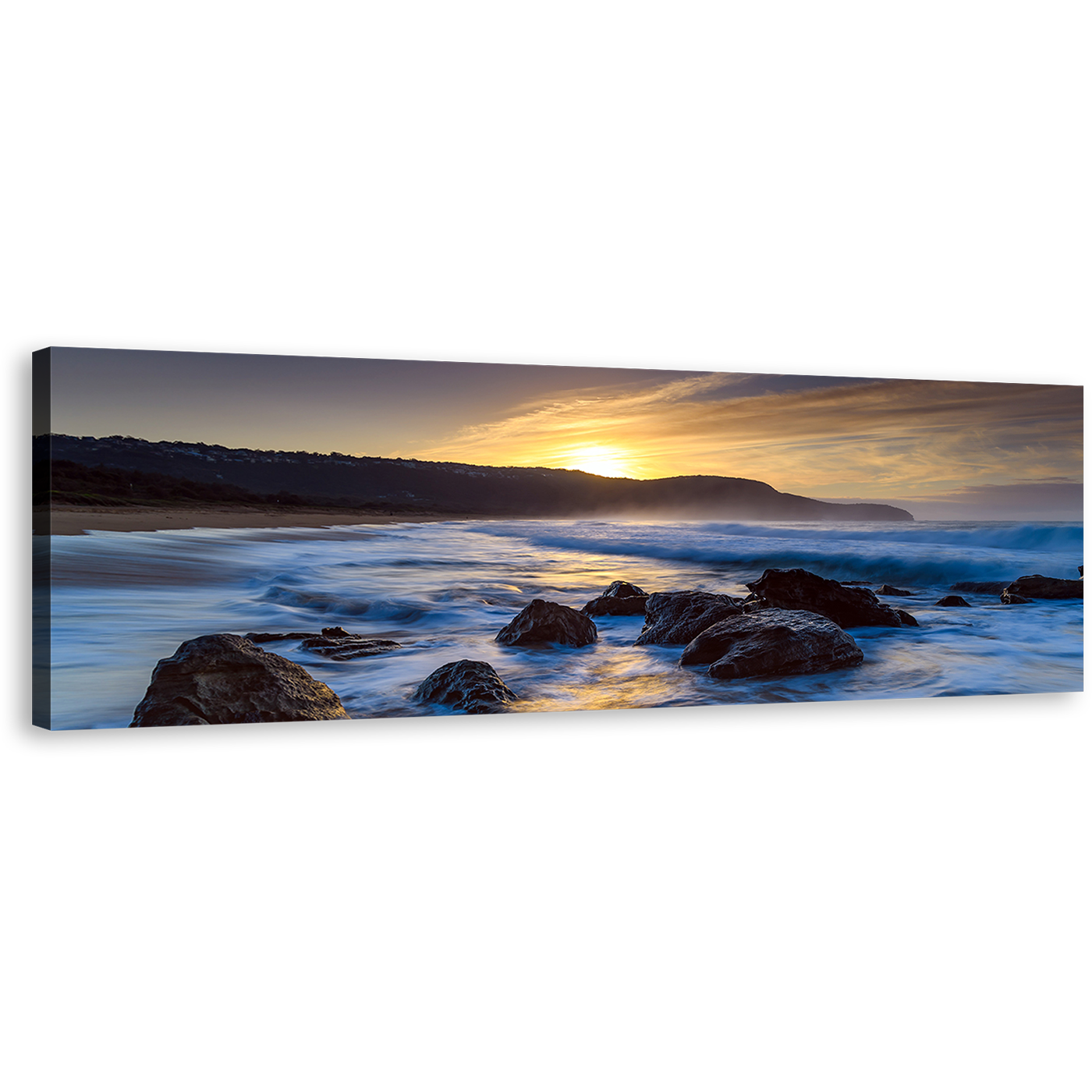 Killcare Beach Canvas Print, Yellow Sunset Ocean Rocks Canvas Artwork, Australia Blue Ocean 1 Piece Canvas Wall Art