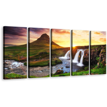 Load image into Gallery viewer, Kirkjufell Landscape Canvas Wall Art, Yellow Sunset Waterfall Iceland 5 Piece Canvas Print, Green Kirkjufellsfoss Waterfall Canvas Set
