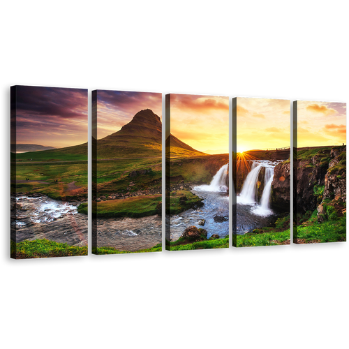 Kirkjufell Landscape Canvas Wall Art, Yellow Sunset Waterfall Iceland 5 Piece Canvas Print, Green Kirkjufellsfoss Waterfall Canvas Set