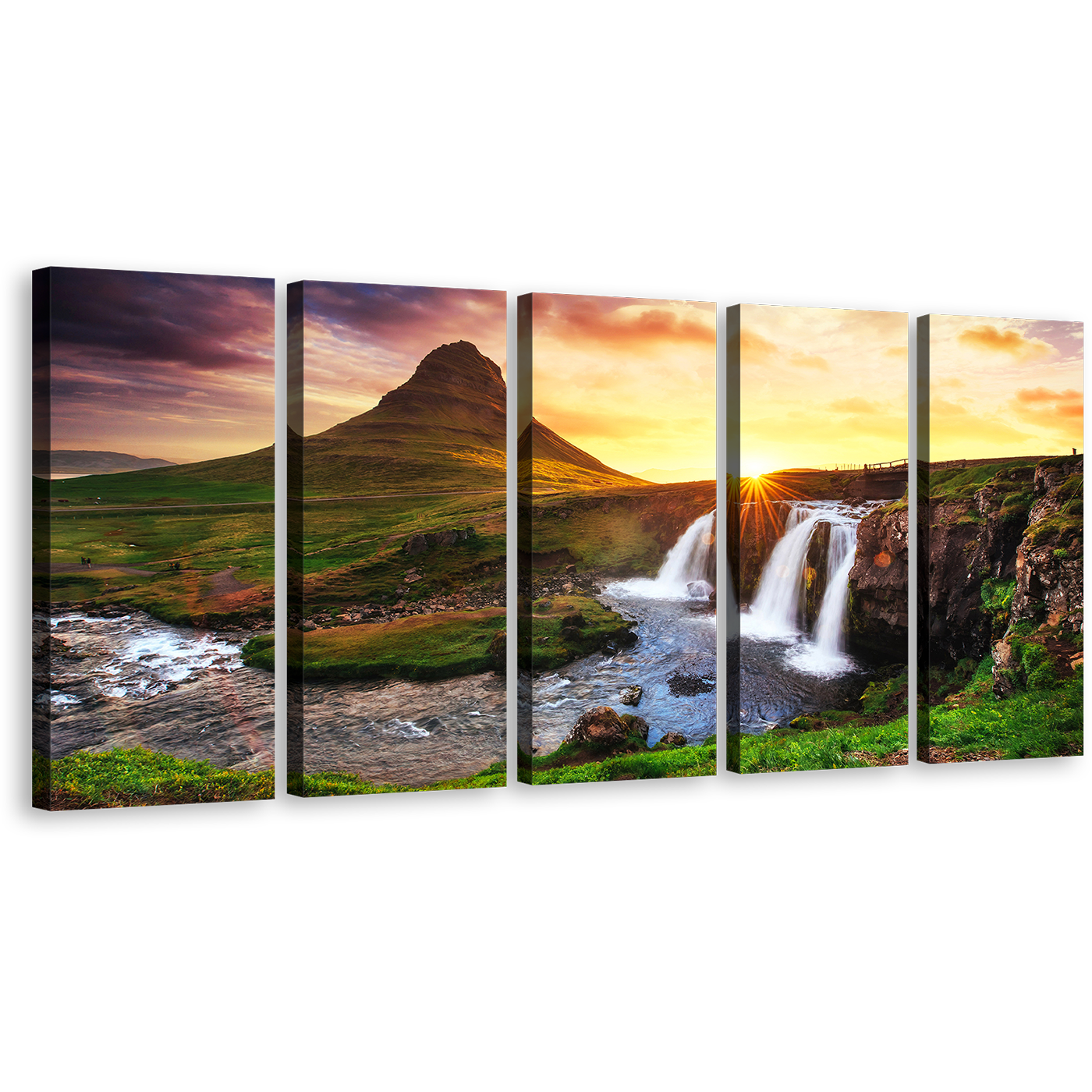 Kirkjufell Landscape Canvas Wall Art, Yellow Sunset Waterfall Iceland 5 Piece Canvas Print, Green Kirkjufellsfoss Waterfall Canvas Set