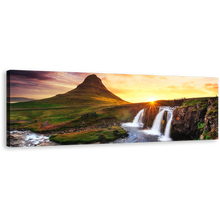 Load image into Gallery viewer, Kirkjufell Mountain Canvas Print, Waterfall Iceland at Yellow Sunset 1 Piece Canvas, Green Kirkjufellsfoss Waterfall Canvas Wall Art
