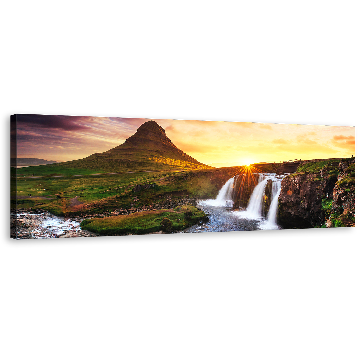 Kirkjufell Mountain Canvas Print, Waterfall Iceland at Yellow Sunset 1 Piece Canvas, Green Kirkjufellsfoss Waterfall Canvas Wall Art