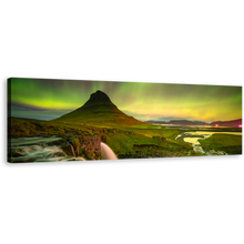 Load image into Gallery viewer, Kirkjufell Mountain Canvas Wall Art, Iceland Northern Lights Panoramic Canvas, Yellow Green Sky Mountain River Waterfall 1 Piece Canvas Print
