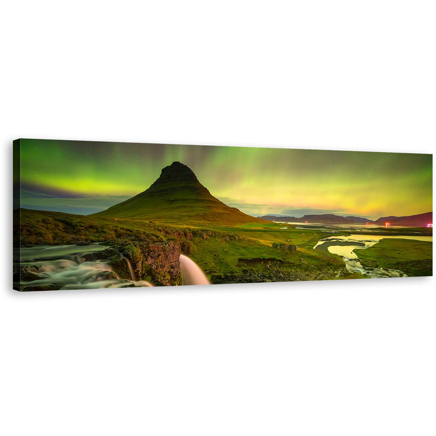 Kirkjufell Mountain Canvas Wall Art, Iceland Northern Lights Panoramic Canvas, Yellow Green Sky Mountain River Waterfall 1 Piece Canvas Print