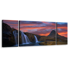 Load image into Gallery viewer, Kirkjufell Mountains Canvas Wall Art, Waterfall Iceland At Orange Sunrise Triptych Canvas Set, Kirkjufellsfoss Waterfall Green Rocks 3 Piece Canvas Print
