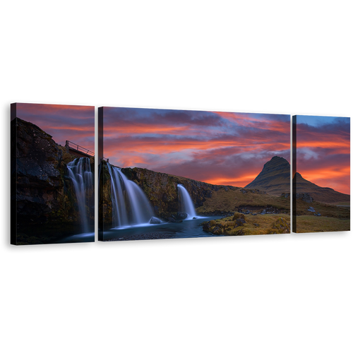 Kirkjufell Mountains Canvas Wall Art, Waterfall Iceland At Orange Sunrise Triptych Canvas Set, Kirkjufellsfoss Waterfall Green Rocks 3 Piece Canvas Print