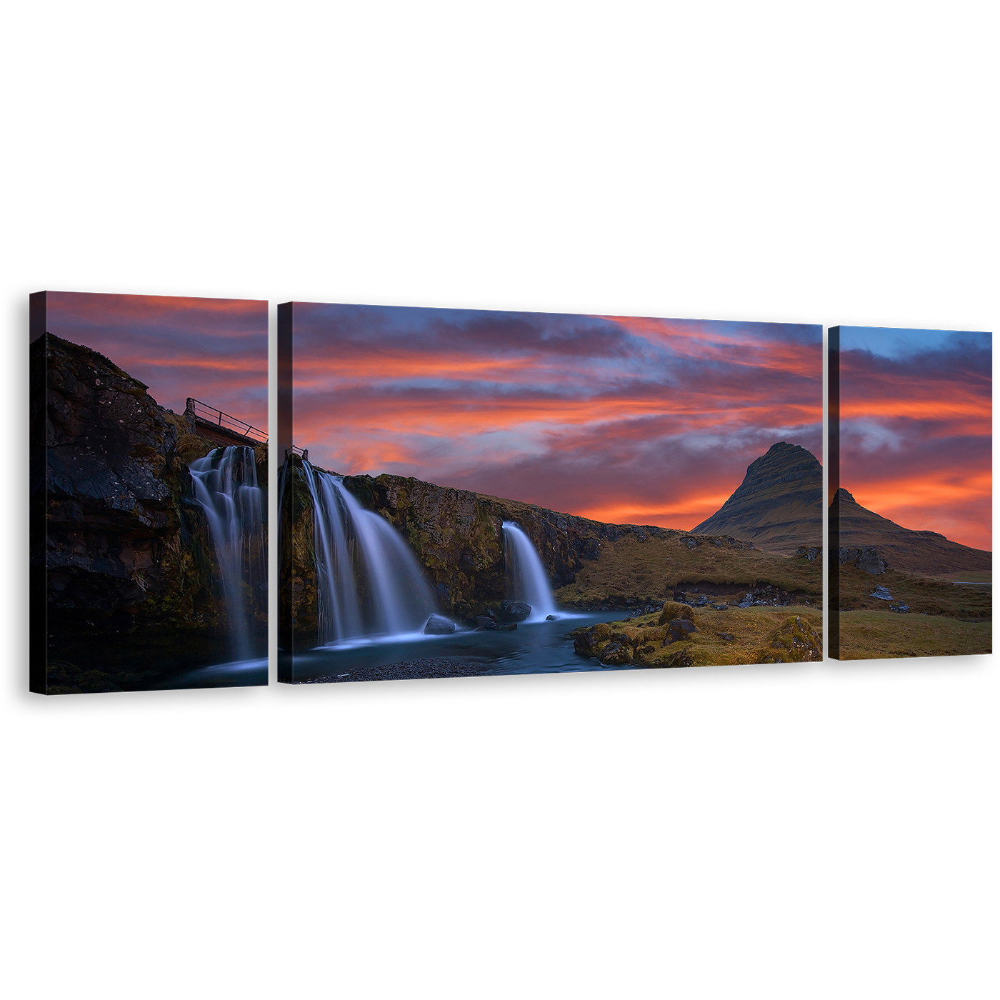 Kirkjufell Mountains Canvas Wall Art, Waterfall Iceland At Orange Sunrise Triptych Canvas Set, Kirkjufellsfoss Waterfall Green Rocks 3 Piece Canvas Print