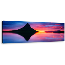 Load image into Gallery viewer, Kirkjufell Volcano Canvas Print, Europe Ocean Mountains Iceland Panorama Canvas, Snaefellsnes Peninsula Blue Orange Sunset Canvas Wall Art
