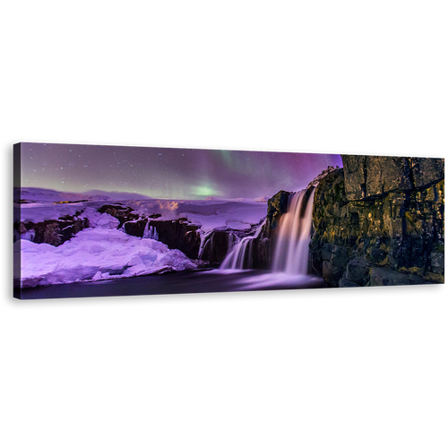 Kirkjufellsfoss Iceland Wall Art, Northern Purple Lights 1 Piece Canvas Print, Night Gold Mountain River Waterfall Canvas Art