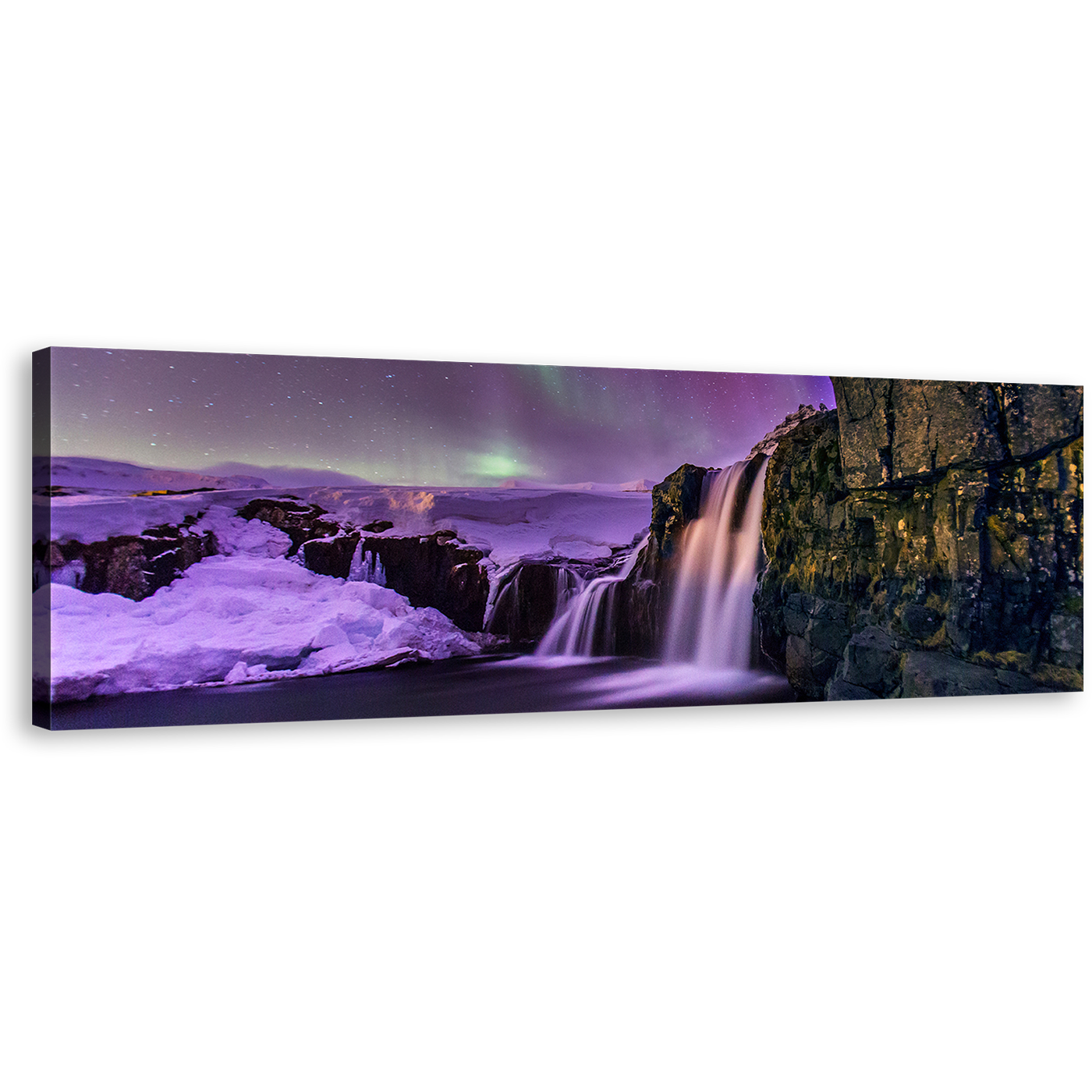 Kirkjufellsfoss Iceland Wall Art, Northern Purple Lights 1 Piece Canvas Print, Night Gold Mountain River Waterfall Canvas Art