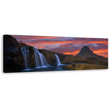 Load image into Gallery viewer, Kirkjufellsfoss Waterfall Canvas Print, Dramatic Orange Cloudy Sunrise Sky 1 Piece Canvas Wall Art, Green Kirkjufell Mountains Panoramic Canvas Artwork
