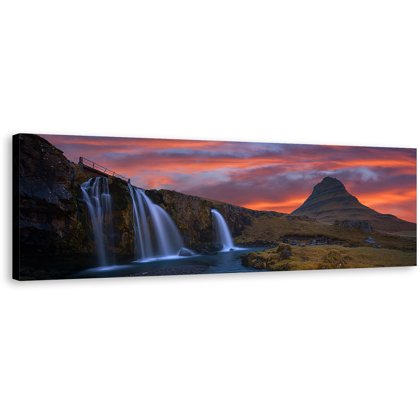 Kirkjufellsfoss Waterfall Canvas Print, Dramatic Orange Cloudy Sunrise Sky 1 Piece Canvas Wall Art, Green Kirkjufell Mountains Panoramic Canvas Artwork