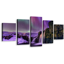 Load image into Gallery viewer, Kirkjufellsfoss Waterfall Canvas Print, Night Gold Mountain 5 Piece Multi Canvas, Amazing Northern Purple Lights Wall Art
