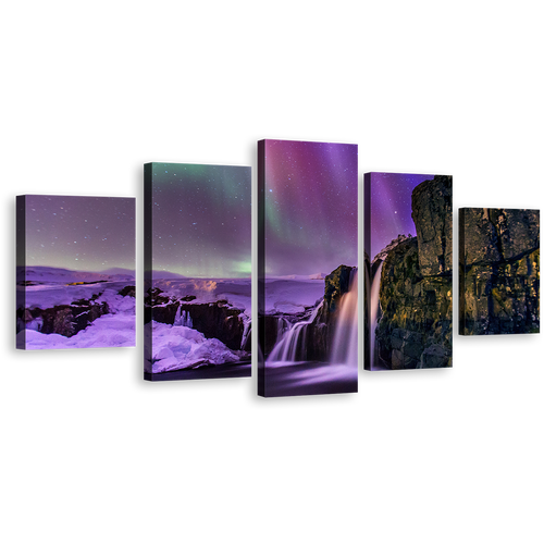 Kirkjufellsfoss Waterfall Canvas Print, Night Gold Mountain 5 Piece Multi Canvas, Amazing Northern Purple Lights Wall Art