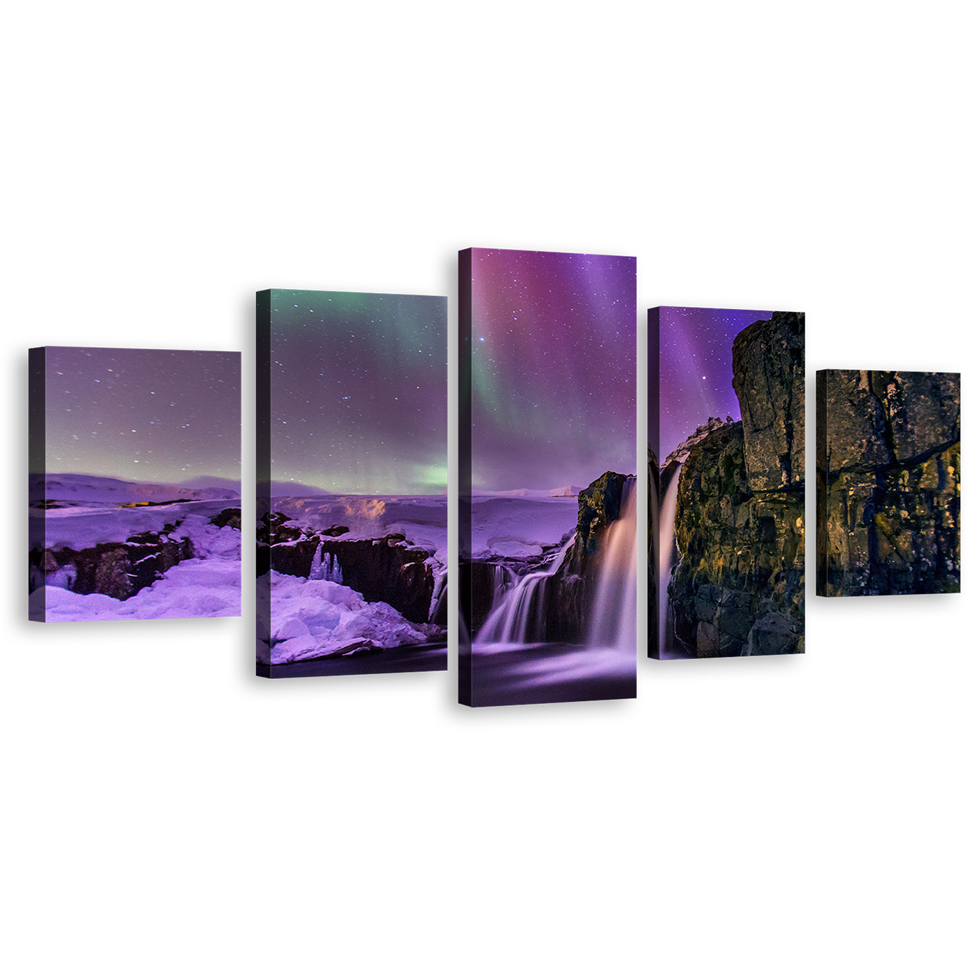 Kirkjufellsfoss Waterfall Canvas Print, Night Gold Mountain 5 Piece Multi Canvas, Amazing Northern Purple Lights Wall Art