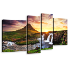 Load image into Gallery viewer, Kirkjufellsfoss Waterfall Canvas Wall Art, Green Kirkjufell Mountain Canvas Set, Waterfall Iceland at Yellow Sunset 4 Piece Canvas Print
