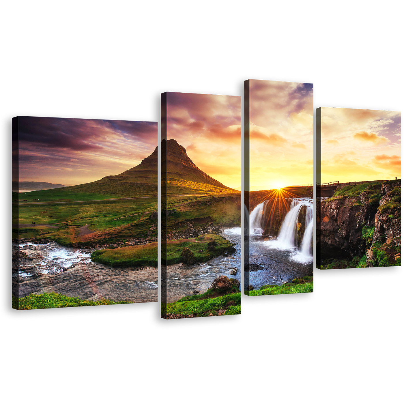 Kirkjufellsfoss Waterfall Canvas Wall Art, Green Kirkjufell Mountain Canvas Set, Waterfall Iceland at Yellow Sunset 4 Piece Canvas Print