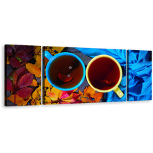 Load image into Gallery viewer, Kitchen Cup Canvas Wall Art, Cups of Tea 3 Piece Canvas, Yellow Blue Tea Cups Close Up Triptych Canvas Print
