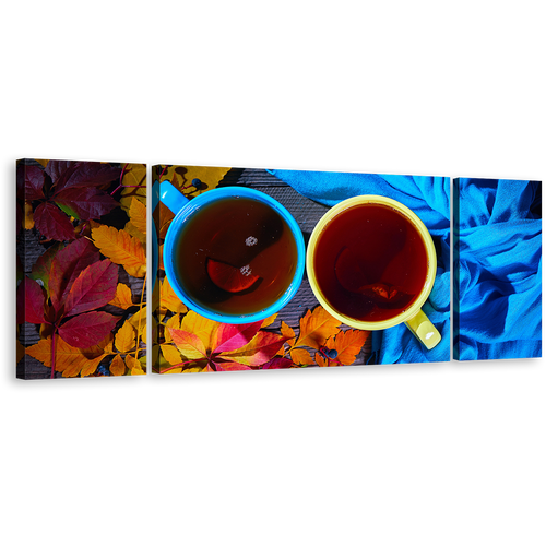 Kitchen Cup Canvas Wall Art, Cups of Tea 3 Piece Canvas, Yellow Blue Tea Cups Close Up Triptych Canvas Print