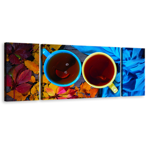 Kitchen Cup Canvas Wall Art, Cups of Tea 3 Piece Canvas, Yellow Blue Tea Cups Close Up Triptych Canvas Print
