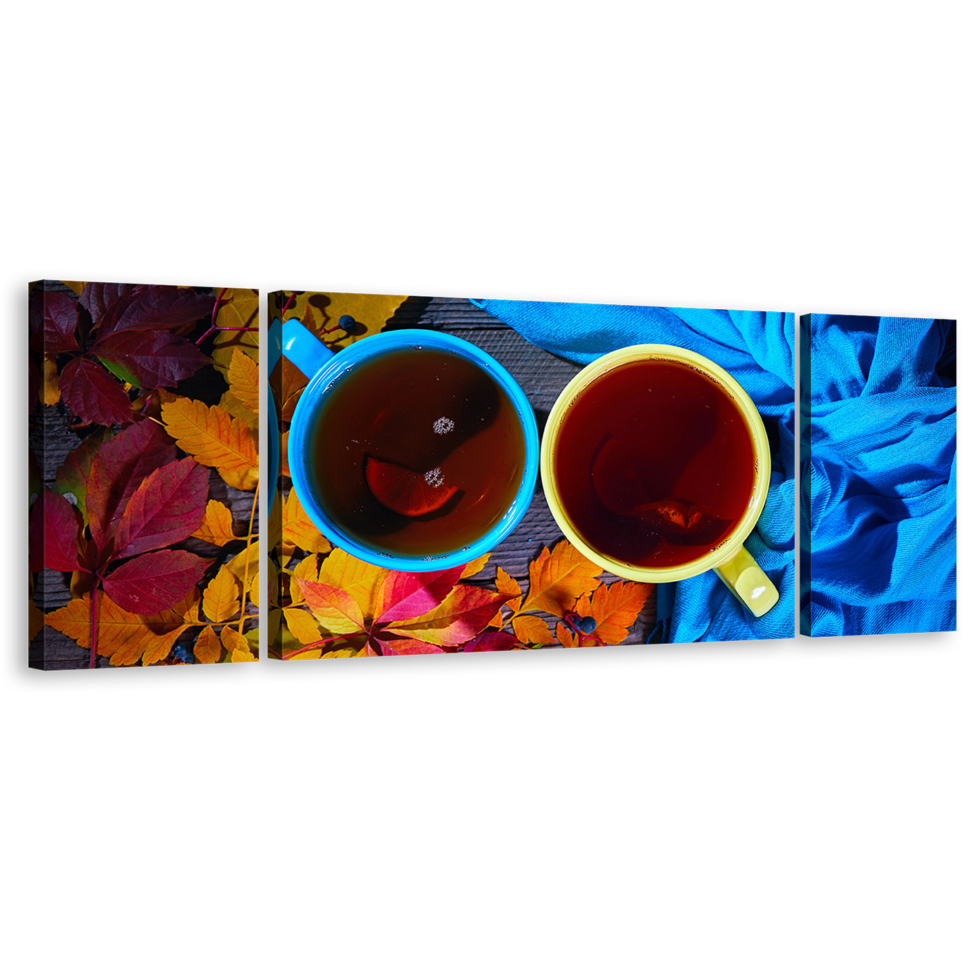 Kitchen Cup Canvas Wall Art, Cups of Tea 3 Piece Canvas, Yellow Blue Tea Cups Close Up Triptych Canvas Print