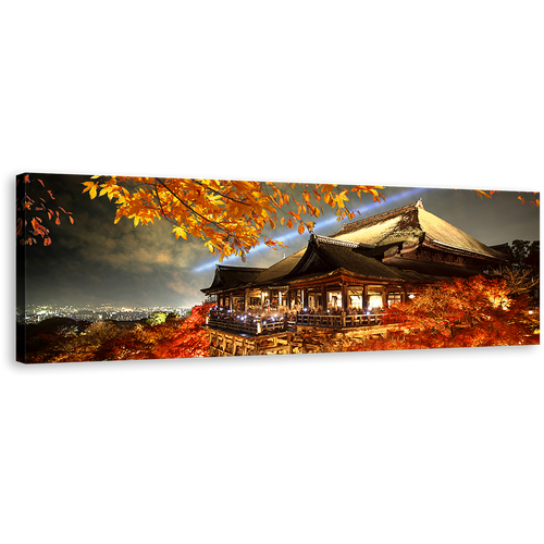 Kiyomizu Dera Canvas Print, Beautiful Red Kyoto Japan Temple Panoramic Canvas Wall Art, Evening Grey Sky Maple Tree Canvas Artwork