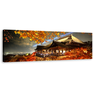 Kiyomizu Dera Canvas Print, Beautiful Red Kyoto Japan Temple Panoramic Canvas Wall Art, Evening Grey Sky Maple Tree Canvas Artwork