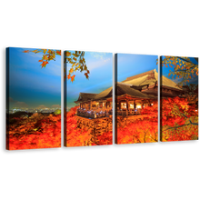 Load image into Gallery viewer, Kiyomizu Dera Canvas Wall Art, Blue Sky Kyoto Japan Temple 4 Piece Multi Canvas, Red Maple Tree Canvas Print
