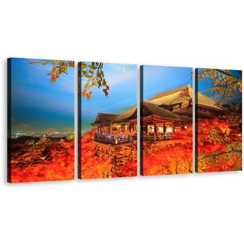 Kiyomizu Dera Canvas Wall Art, Blue Sky Kyoto Japan Temple 4 Piece Multi Canvas, Red Maple Tree Canvas Print