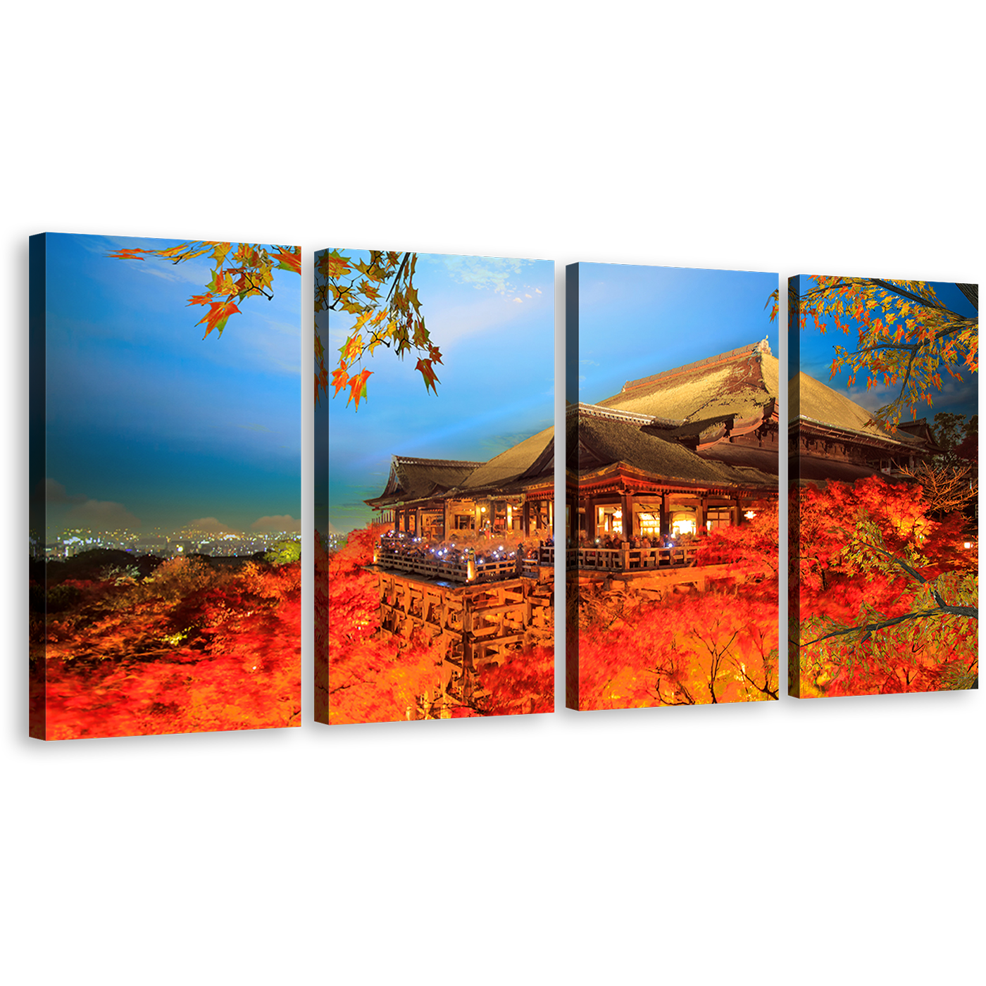 Kiyomizu Dera Canvas Wall Art, Blue Sky Kyoto Japan Temple 4 Piece Multi Canvas, Red Maple Tree Canvas Print